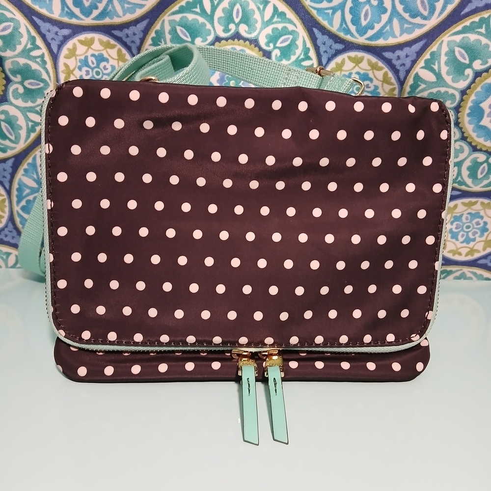 Fossil Polka Dot Nylon Crossbody Bag Purse Black White Teal Trim Zip Closure